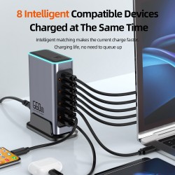 POWERTECH σταθμός φόρτισης PT-1621, 2x USB & 6x USB-C, GaN, 140W, γκρι
