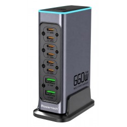 POWERTECH σταθμός φόρτισης PT-1621, 2x USB & 6x USB-C, GaN, 140W, γκρι