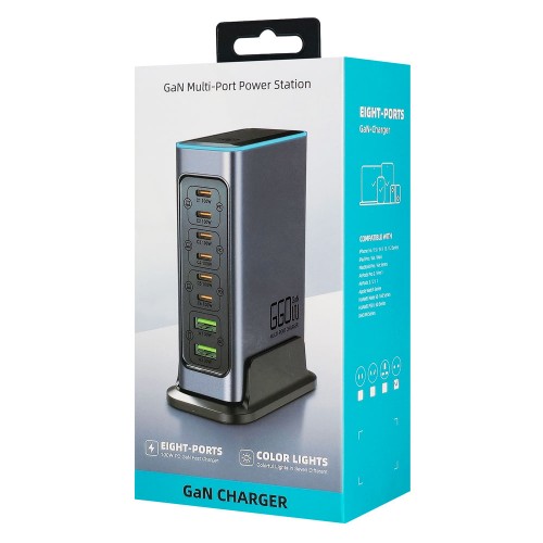 POWERTECH σταθμός φόρτισης PT-1621, 2x USB & 6x USB-C, GaN, 140W, γκρι