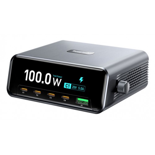 POWERTECH σταθμός φόρτισης PT-1622 με οθόνη, USB & 4x USB-C, GaN, 100W, ασημί