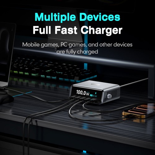 POWERTECH σταθμός φόρτισης PT-1622 με οθόνη, USB & 4x USB-C, GaN, 100W, ασημί