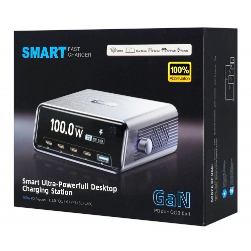 POWERTECH σταθμός φόρτισης PT-1622 με οθόνη, USB & 4x USB-C, GaN, 100W, ασημί