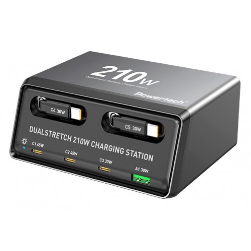 POWERTECH σταθμός φόρτισης PT-1623, USB/3x USB-C/2x USB-C καλώδια, GaN, 160W, μαύρος
