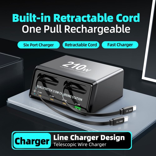 POWERTECH σταθμός φόρτισης PT-1623, USB/3x USB-C/2x USB-C καλώδια, GaN, 160W, μαύρος