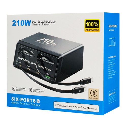 POWERTECH σταθμός φόρτισης PT-1623, USB/3x USB-C/2x USB-C καλώδια, GaN, 160W, μαύρος