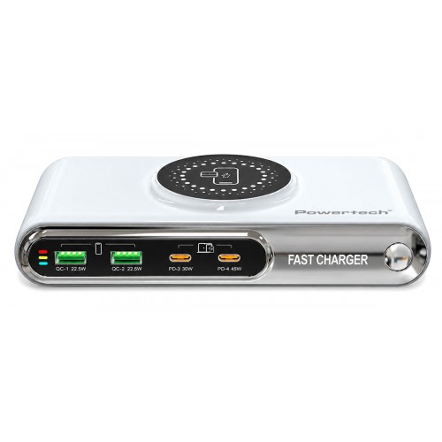 POWERTECH σταθμός φόρτισης PT-1624, 2x USB/2x USB-C/wireless, 72W, λευκός