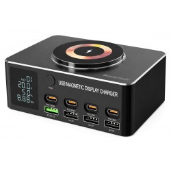 POWERTECH σταθμός φόρτισης PT-1625 με οθόνη, 4x USB/4x USB-C/wireless, 140W, μαύρος