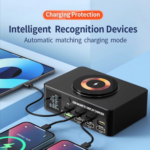 POWERTECH σταθμός φόρτισης PT-1625 με οθόνη, 4x USB/4x USB-C/wireless, 140W, μαύρος