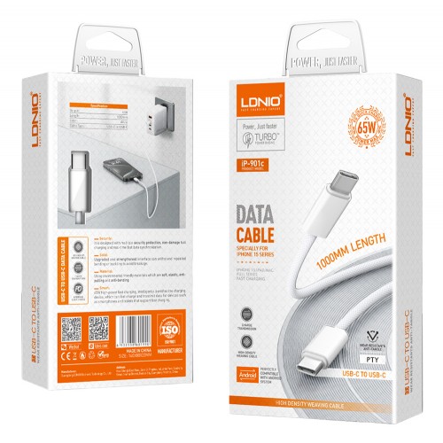 LDNIO καλώδιο USB-C iP-901c, 65W, 480Mbps, 1m, λευκό