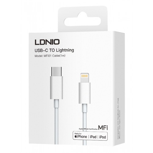 LDNIO καλώδιο Lightning σε USB-C MFi01, MFi, 30W, 480Mbps, 1m, λευκό