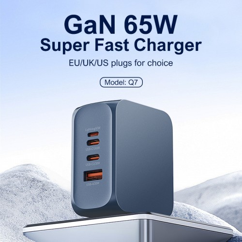 LDNIO φορτιστής τοίχου Q7 με καλώδιο USB-C, USB/Lightning/2x USB-C, GaN, 65W, μπλε