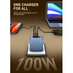 LDNIO φορτιστής τοίχου Q8 με καλώδιο USB-C, USB/Lightning/3x USB-C, GaN, 100W, μπλε
