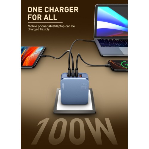 LDNIO φορτιστής τοίχου Q8 με καλώδιο USB-C, USB/Lightning/3x USB-C, GaN, 100W, μπλε