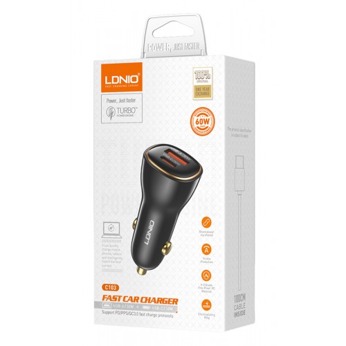 LDNIO φορτιστής αυτοκινήτου C103 με καλώδιο USB-C, USB/USB-C, 60W, μαύρος