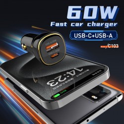 LDNIO φορτιστής αυτοκινήτου C103 με καλώδιο Lightning, USB/USB-C, 60W, μαύρος