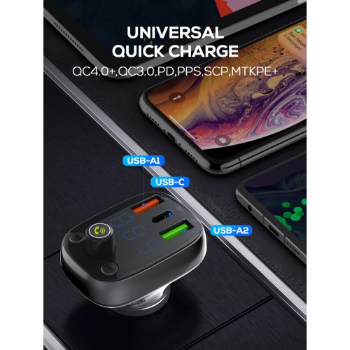 LDNIO FM transmitter & φορτιστής C704Q, USB-C/2x USB, 36W, Bluetooth, μαύρο
