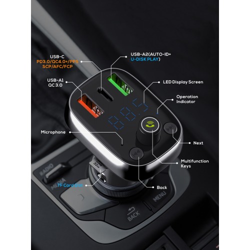 LDNIO FM transmitter & φορτιστής C704Q, USB-C/2x USB, 36W, Bluetooth, μαύρο