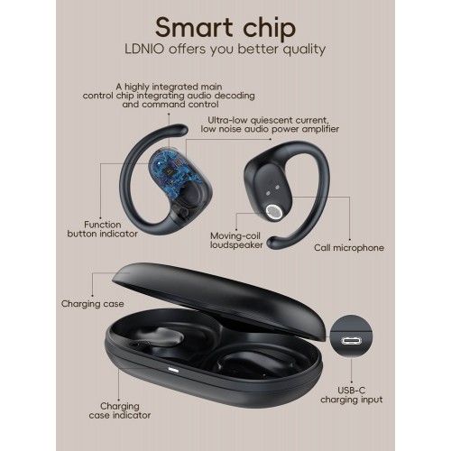 LDNIO earphones με θήκη φόρτισης T07, OWS Bone Conduction, 15mm, 60/500mAh, μαύρα