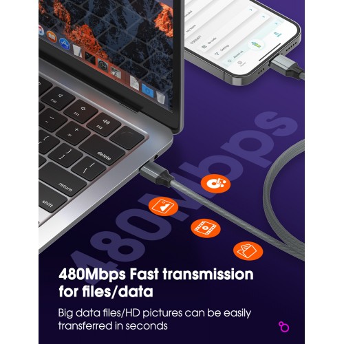 LDNIO καλώδιο USB-C iP-441c, 65W, 480Mbps, 1m, γκρι
