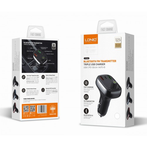 LDNIO FM transmitter & φορτιστής C704Q, USB-C/2x USB, 36W, Bluetooth, μαύρο