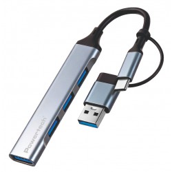 POWERTECH USB hub PTR-0206, 4x θυρών, USB 3.0, 5Gbps, USB & USB-C σύνδεση, γκρι