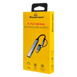 POWERTECH USB hub PTR-0206, 4x θυρών, USB 3.0, 5Gbps, USB & USB-C σύνδεση, γκρι