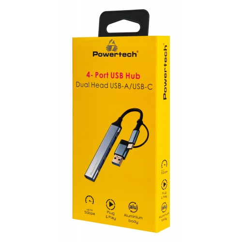 POWERTECH USB hub PTR-0206, 4x θυρών, USB 3.0, 5Gbps, USB & USB-C σύνδεση, γκρι