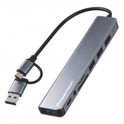 POWERTECH USB hub PTR-0205 με card reader, 8 θυρών, USB & USB-C σύνδεση, γκρι