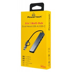 POWERTECH USB hub PTR-0205 με card reader, 8 θυρών, USB & USB-C σύνδεση, γκρι