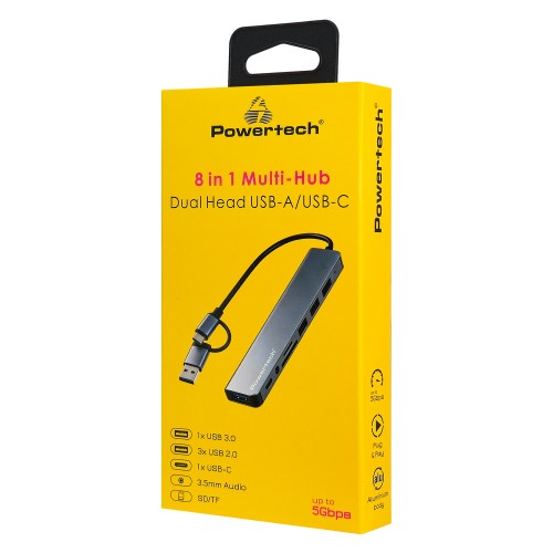 POWERTECH USB hub PTR-0205 με card reader, 8 θυρών, USB & USB-C σύνδεση, γκρι