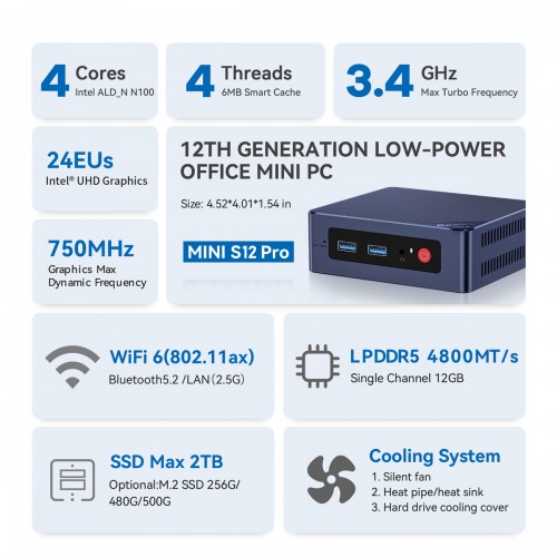BEELINK mini PC Mini S12 Pro, Intel N100, 12GB, 512GB M.2, Windows 11 Pro
