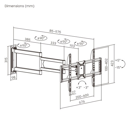 BRATECK επιτοίχια βάση τηλεόρασης LPA95-465XL, 37-86", έως 50kg, full motion