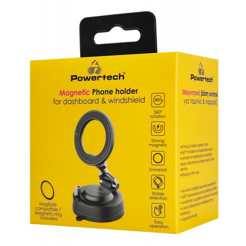 POWERTECH βάση smartphone αυτοκινήτου PT-1629 για ταμπλό/παρμπρίζ, μαγνητική, μαύρη