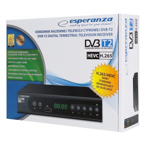 ESPERANZA ψηφιακός δέκτης EV106R, DVB-T2, Full HD, MPEG-4, H.265/HEVC, με PVR
