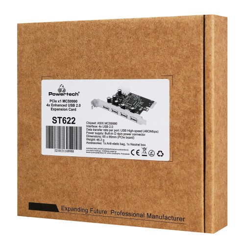 POWERTECH κάρτα επέκτασης PCIe σε 4x USB 2.0 ST622, 480Mbps, ASIX MCS9990