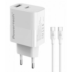 POWERTECH φορτιστής τοίχου PT-1635 με καλώδιο, USB/USB-C, 20W, λευκός