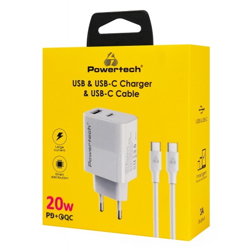 POWERTECH φορτιστής τοίχου PT-1635 με καλώδιο, USB/USB-C, 20W, λευκός