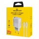 POWERTECH φορτιστής τοίχου PT-1635 με καλώδιο, USB/USB-C, 20W, λευκός