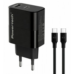 POWERTECH φορτιστής τοίχου PT-1637 με καλώδιο, USB/USB-C, 20W, μαύρος