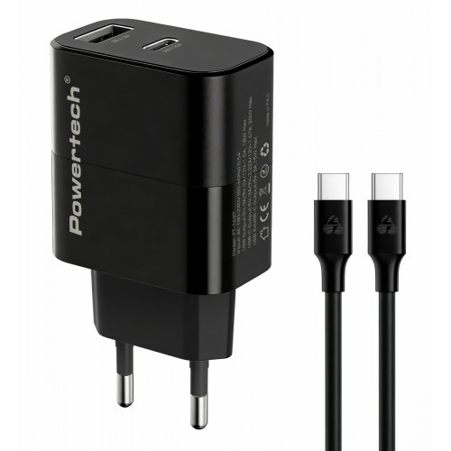 POWERTECH φορτιστής τοίχου PT-1637 με καλώδιο, USB/USB-C, 20W, μαύρος