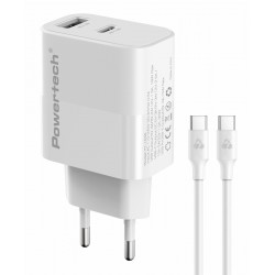 POWERTECH φορτιστής τοίχου PT-1636 με καλώδιο, USB/USB-C, 30W, GaN, λευκός