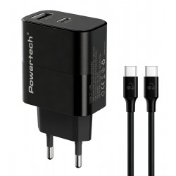 POWERTECH φορτιστής τοίχου PT-1638 με καλώδιο, USB/USB-C, 30W, GaN, μαύρος