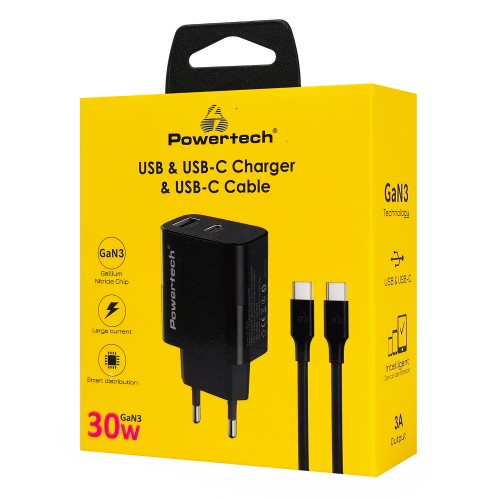 POWERTECH φορτιστής τοίχου PT-1638 με καλώδιο, USB/USB-C, 30W, GaN, μαύρος
