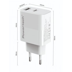 POWERTECH φορτιστής τοίχου PT-1635 με καλώδιο, USB/USB-C, 20W, λευκός