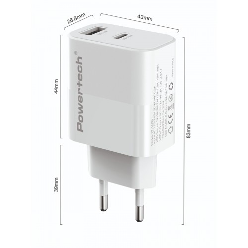 POWERTECH φορτιστής τοίχου PT-1635 με καλώδιο, USB/USB-C, 20W, λευκός