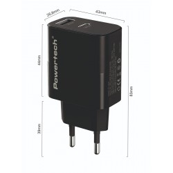 POWERTECH φορτιστής τοίχου PT-1637 με καλώδιο, USB/USB-C, 20W, μαύρος