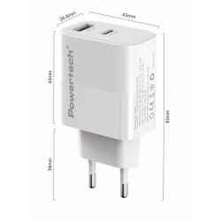 POWERTECH φορτιστής τοίχου PT-1636 με καλώδιο, USB/USB-C, 30W, GaN, λευκός