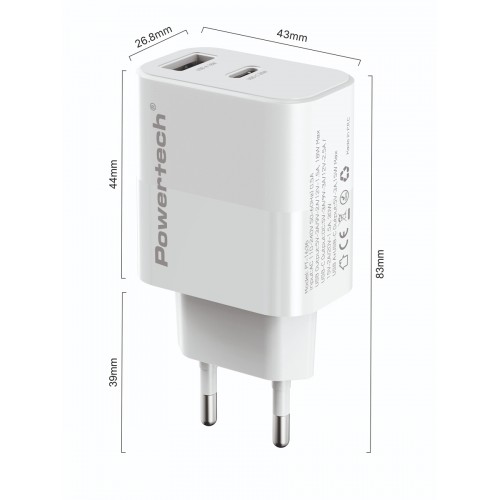 POWERTECH φορτιστής τοίχου PT-1636 με καλώδιο, USB/USB-C, 30W, GaN, λευκός