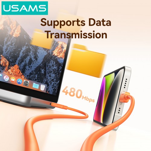 USAMS καλώδιο Lightning σε USB-C SJ788, σιλικόνης, 30W, 480Mbps, 1m, πορτοκαλί