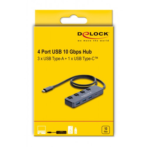 DELOCK USB-C hub 64384 με διακόπτες, 4x θυρών, 10Gbps, USB-C σύνδεση, γκρι